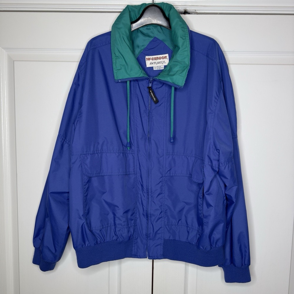 Vintage McGregor Anti-Breeze Jacket XL Blue Green Retro Windbreaker W/ Hood